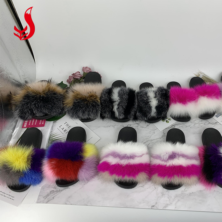 Wholesale fashion home indoor eva summer winter real fox furry fluffy fur slippers for women and kids