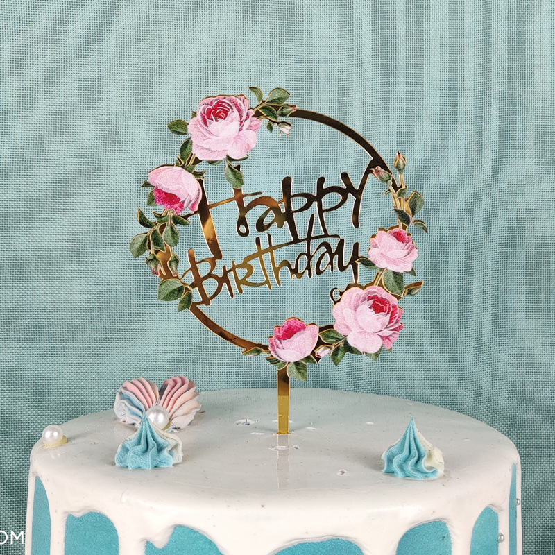 Beautiful Colourful Flower Print Happy Birthday Wedding Acrylic Cake Topper For Decoration