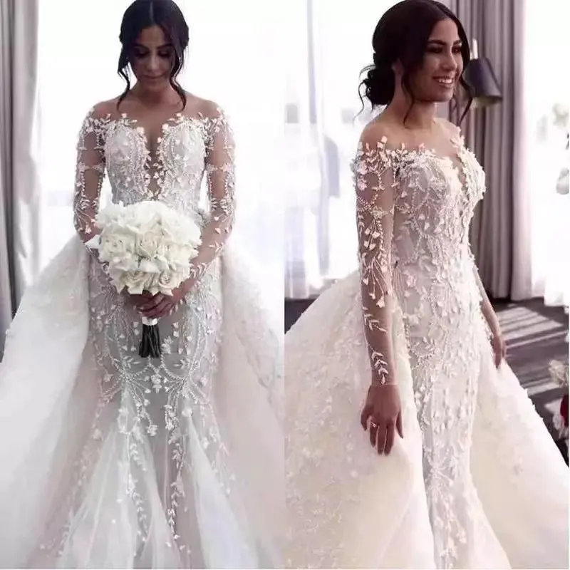 2022 New  Detachable 2 In 1 Wedding Dress Embroidered Lace On Net With Train 0-neck Sleeveless Vintage Bride Gowns