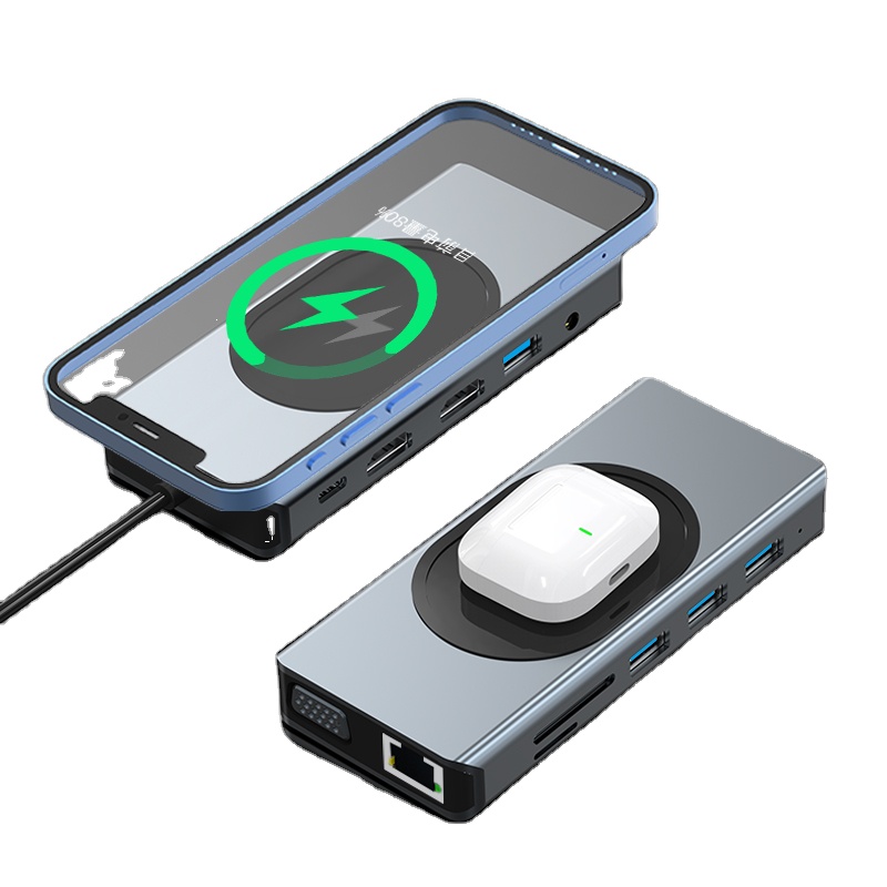 Hot Selling Usb wireless hub chargers 4K HD Combo Multi 12 in 1 Usb 3 0 Port 2XUSB2.0 SD/TF card wireless charging usb Hub