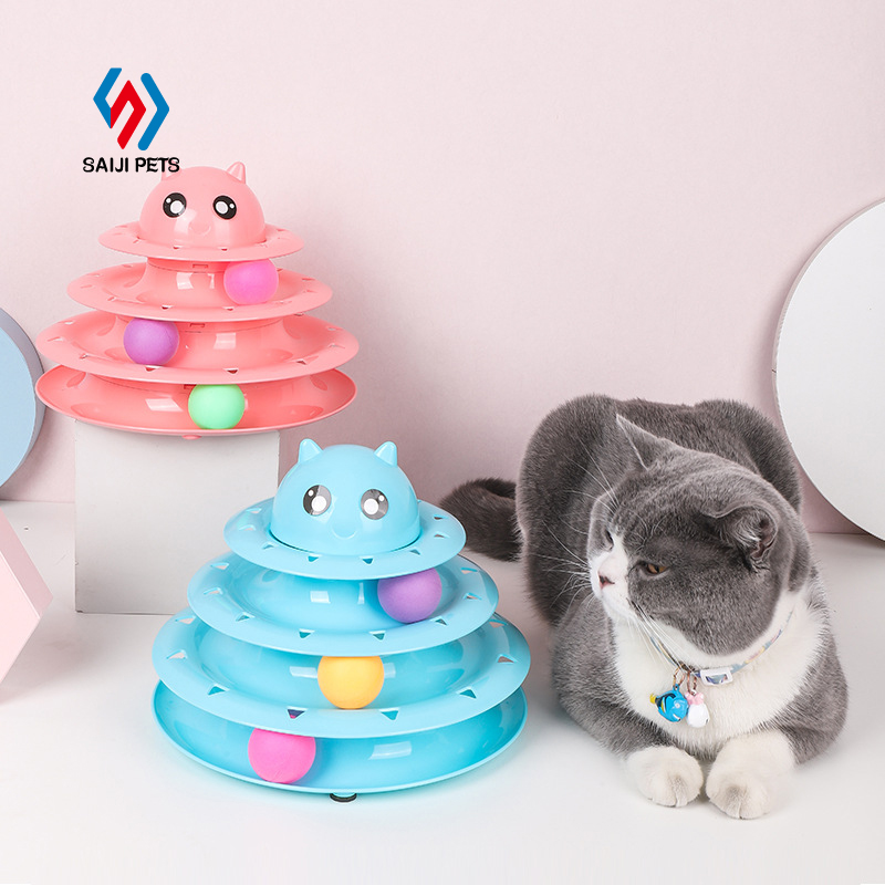 Saiji wholesale roller 3-level green pink plastic bell balls cat turntable toys