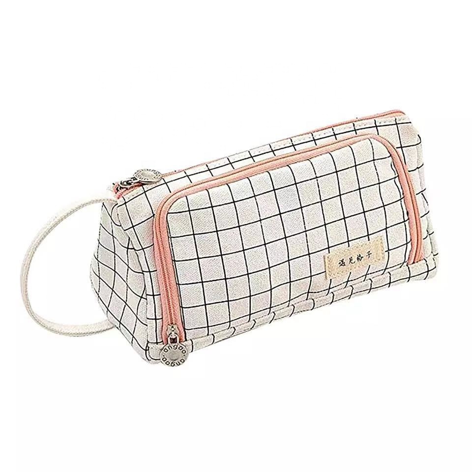 Grid Canvas Pen Case Super Big 3 Layer Capacity Pencil Box School Office Supplies Stationery for Girls Gift