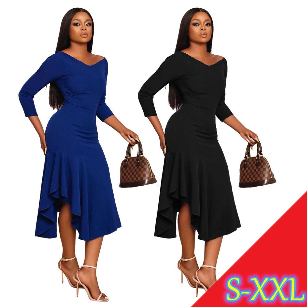 MISS Q X33223 Casual sexy V-neck skirt solid color fashion dress