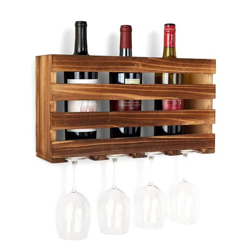 Wholesale Grey Wood Wall Mounted Wine Glass Bottle Rack Carbonized Wood Wall Wine shelf with Glass Holder
