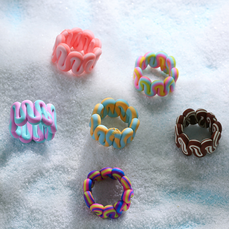 Fashion hot sale handmade colored soft ceramic irregular pattern ring thick pink polymer clay ring jewelry female