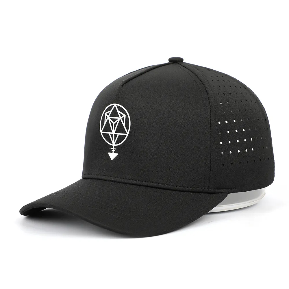 Customzied High Quality Melin 5 Panel Black Structured PVC Logo Perforated Laser Hole Drilled Waterproof Sport Baseball Caps Hat
