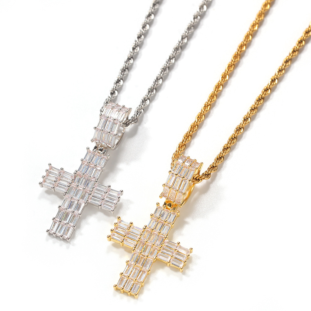 New European Luxury Link Chain Moissanite Cross Necklace Silver Plated Synthetic Diamond Cross Pendant Necklaces
