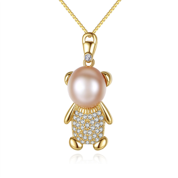 Trendy Charm Cute Bear Shape Pearl Cubic Zircon Pendant 925 Sterling Silver Box Chain Necklace For Women