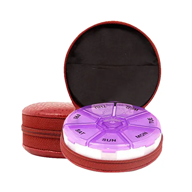 Wholesale 7 Day PU Leather Pill Box Cover Round Zippered Pill Organizer