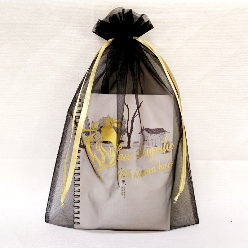 Hot sale custom black organza gift pouch packing wig drawstring with logo for ladies