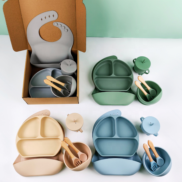 Silicone Baby Feeding Set Including 5 In 1 baby Feeding Set BPA Free Bib baby Tableware Kids Dining Set