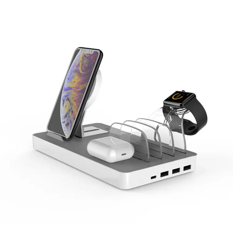 Fast Charging Dock Organizer with 4 USB Ports and 1 Qi Wireless Charging stand for iPhone, ipad, Samsung, Android Phone, Tablet