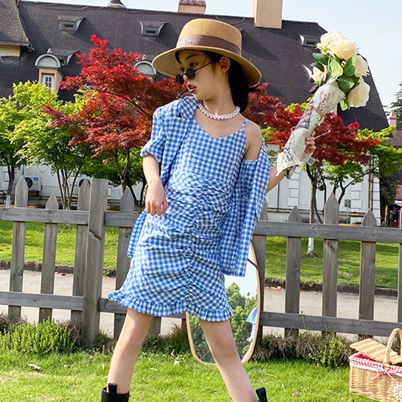 Parent-child girl suit 2021 summer new French plaid V-neck jacket plus waist suspender skirt