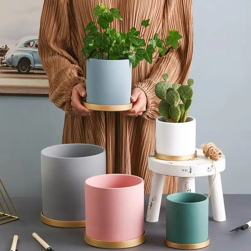 Nordic modern glazed ceramic plant pots indoor decorative with tray custom logo flower pot sizes