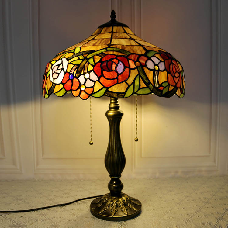 LongHuiJing 16Inch Wide Flowers Stained Glass Handcrafted Table Desk Lamp Resin material stand base lamps
