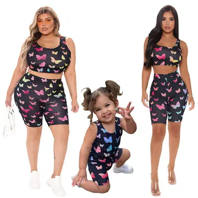 2021 New Mommy And Me Matching Clothing Butterfly Printing Mom And Kids Outfits Two Piece Mommy And Me Sets