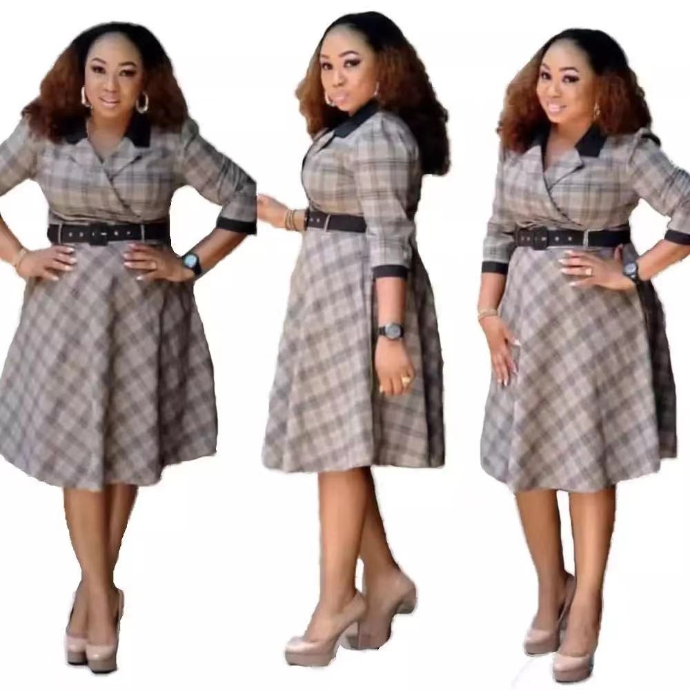 2021 office ladies plaid printed plus size dress American&African v sexy elegant formal dress polo collar highwaist good quality