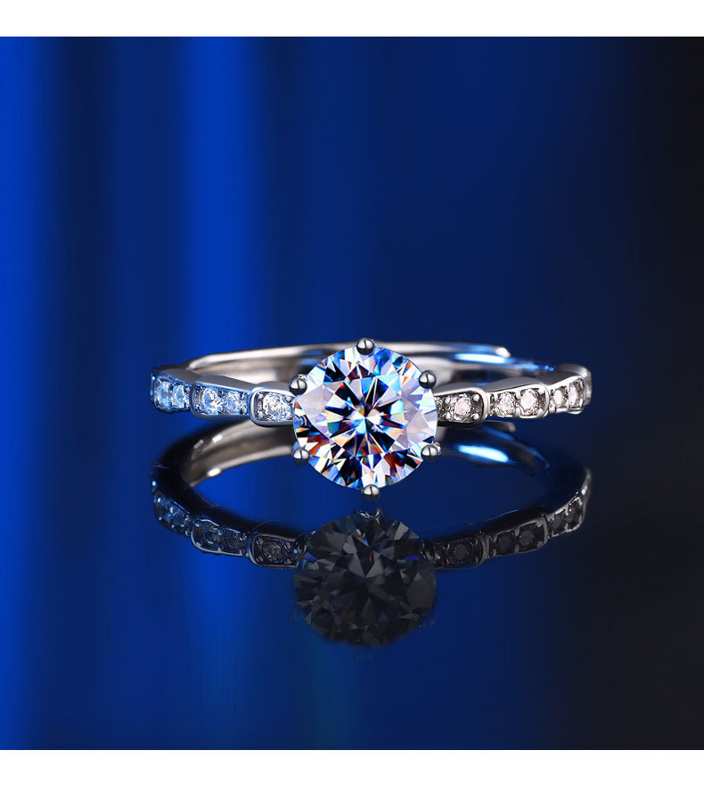 925 Sterling Silver Rings 7BEADS Mossan Stone Diamond Ring Six-paw Side Bamboo Section Drilling Opening Adjustable Diamond Ring