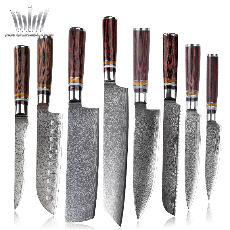 Японские кухонные ножи Grandsharp VG10, универсальный резец из дамасской стали для шеф-повара Kiritsuke, для обвалки хлеба, сантоку, нарезки