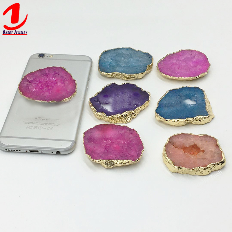 Золотым ободком по краю натуральный драгоценный камень Geode кварцевый кристалл Агат ломтик держатель мобильного телефона захватным устройством для сотового телефона