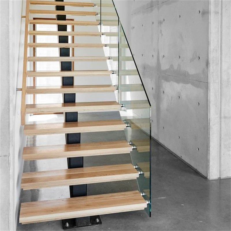 Modern Simple Design Mono Stringer Wood Step Staircase Prefab House Interior Staircase with Tempered Glass Railing