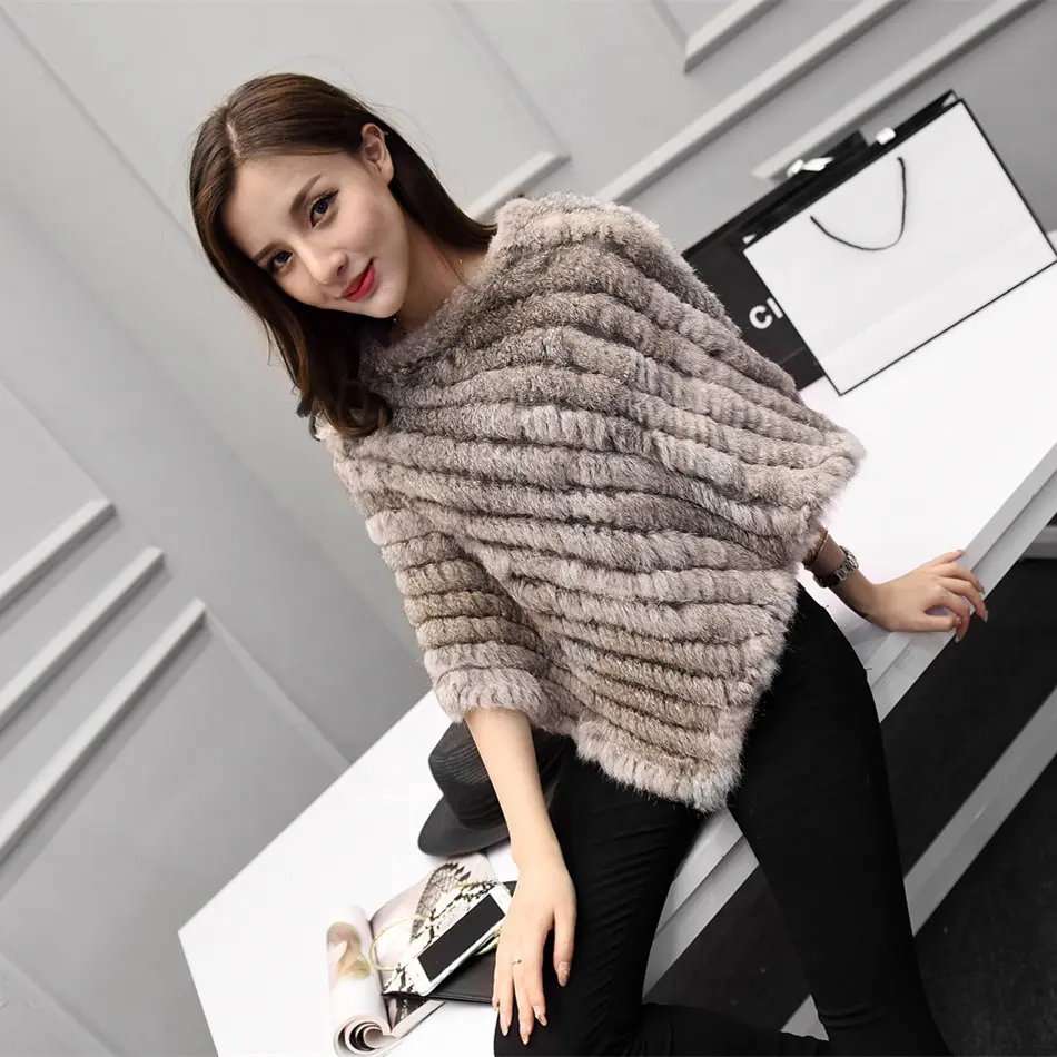 Top quality women wholesale Real Rabbit fur Capes Winter Knitted Rabbit Fur Shawl
