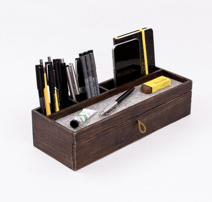 Walnut Rustic Wood Desk Organizer with Storage Drawer