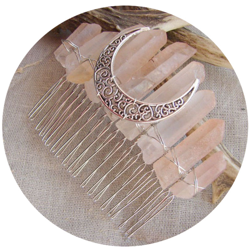 Ginger Titanium Quartz raw Crystal Crescent Moon hair pin side comb Bridal Crown Tiara Wedding veil witch goth jewelry wiccan