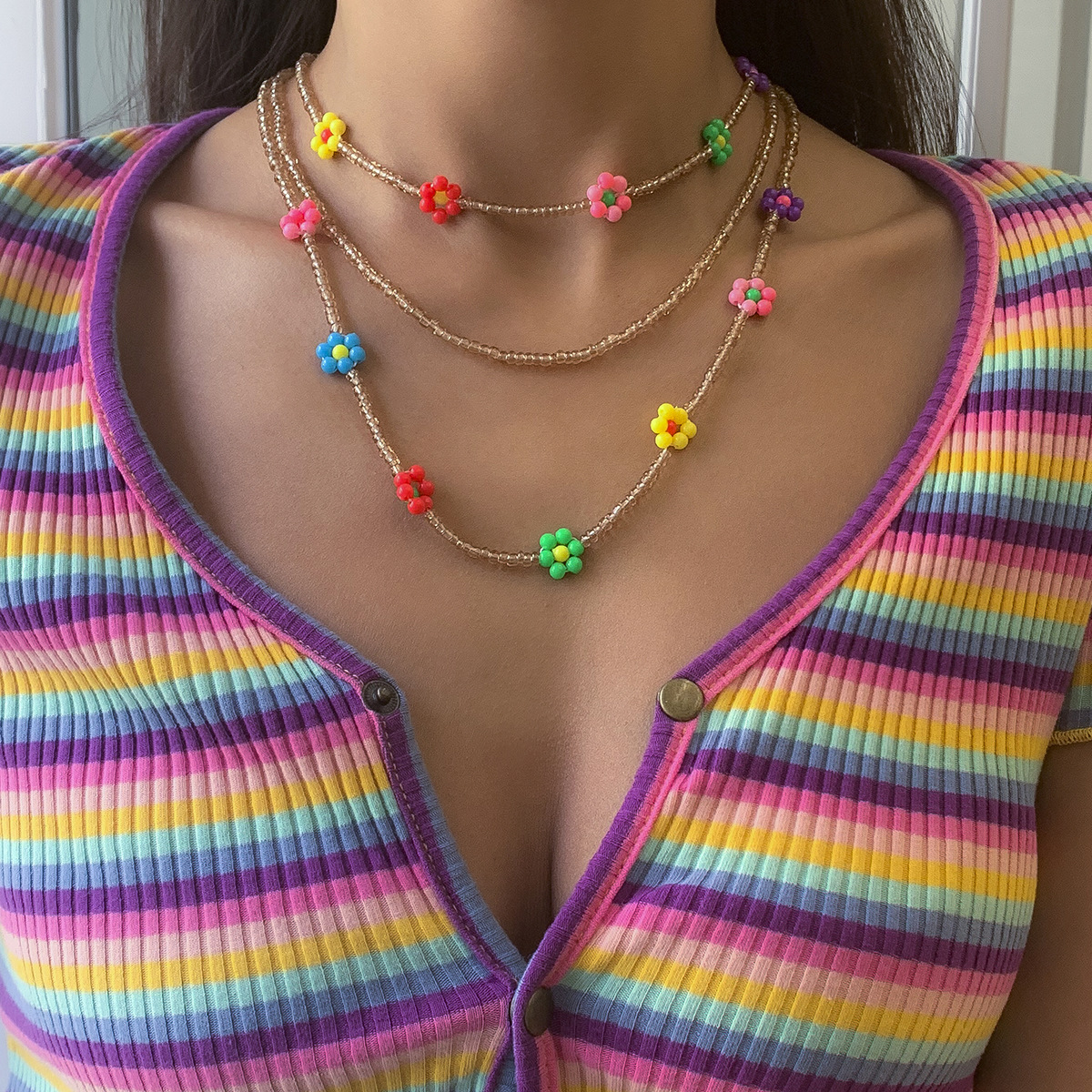 2021 Summer New Style Colorful Rainbow Glass Rice Bead Adjustable Flower Seed Beads Necklace for Women and Girls