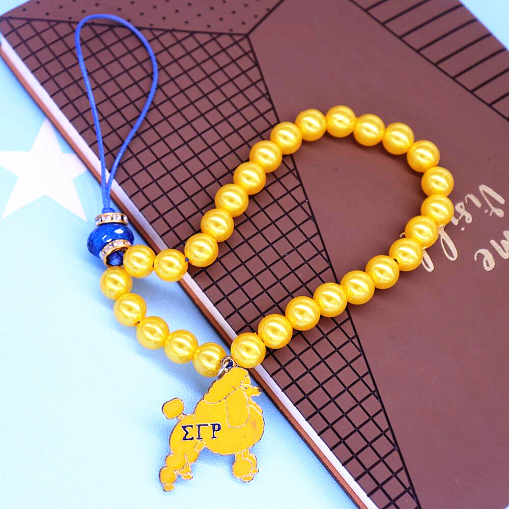 Newest Yellow Enamel Poodle Greek Letter Sorority Club RHO Gamma Pearl Cell Phone Wrist Short Lanyard