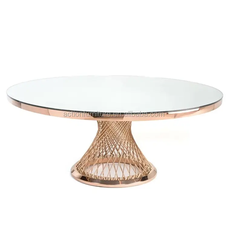 Round Tempered Glass Chromed Metal Base Wedding Dining Table for banquet