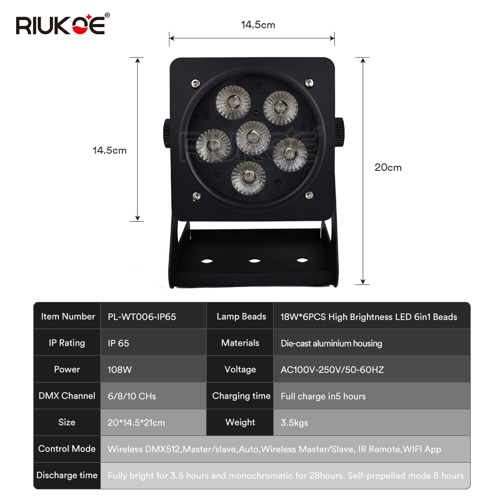 Водонепроницаемый dj led uplights 6x18 Вт беспроводной аккумулятор 6в1 RGBWA UV par light с wifi