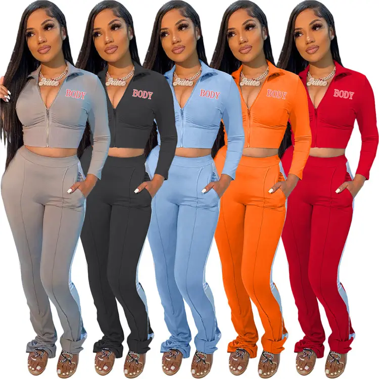 2021 Casual 2 PCS Outfits Clothing Letter Print Crop Tops Long Pants Spring Jogging Tracksuit Women Two Piece Set