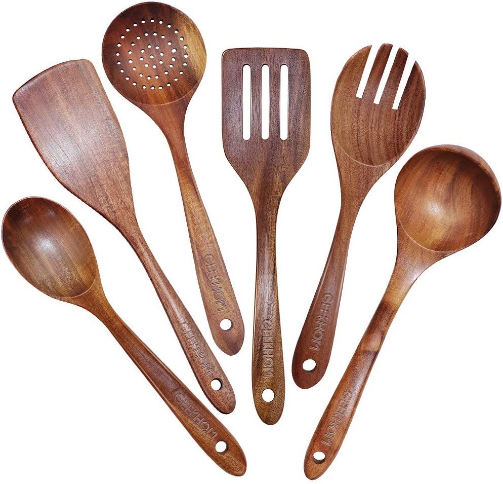 Wooden Spoons for Cooking, 6-Piece Wood Kitchen Utensil Set for Non Stick Cookware with Natural Acacia Wooden Spatula