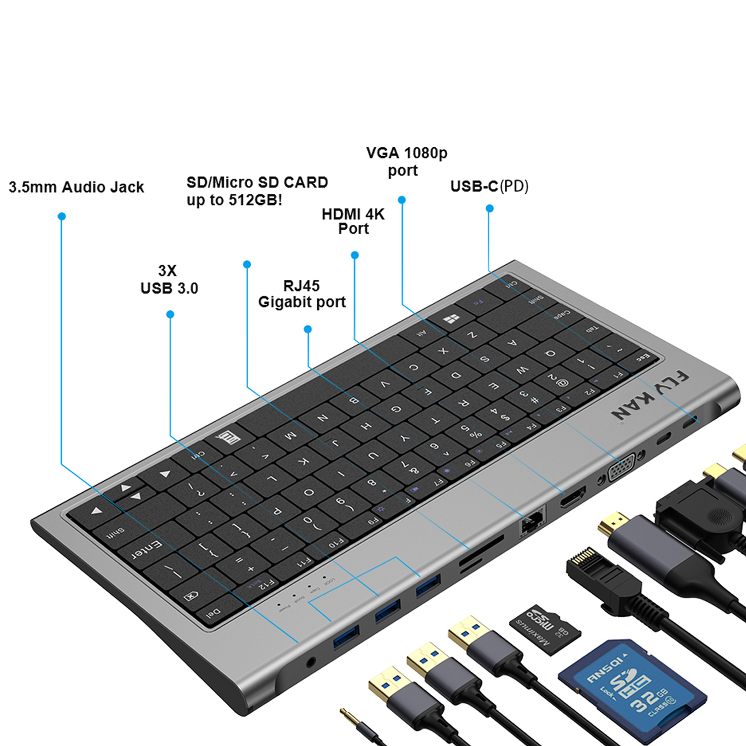 Flykan USB-C клавиатура док Station-78keys-11in 1 (100w PD, 4K * 2K HD, USB3.0 концентратор x 3, Gigabit LAN) - UC3300