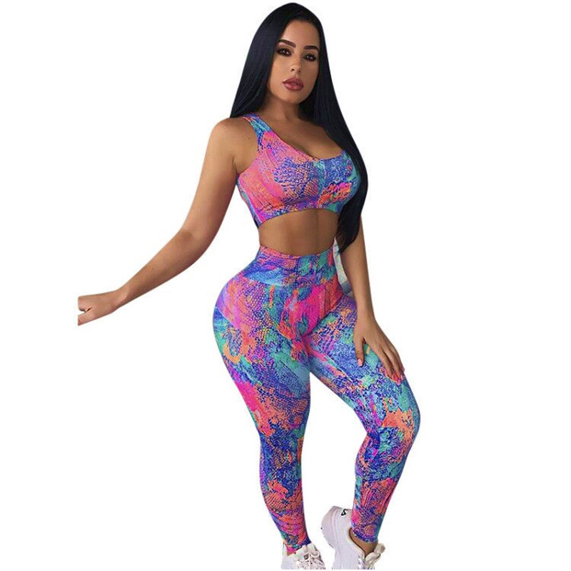 Мода женщин Йога Брюки Tie-красители Backless Cut Out Crop Top Костюм Спортивная одежда
