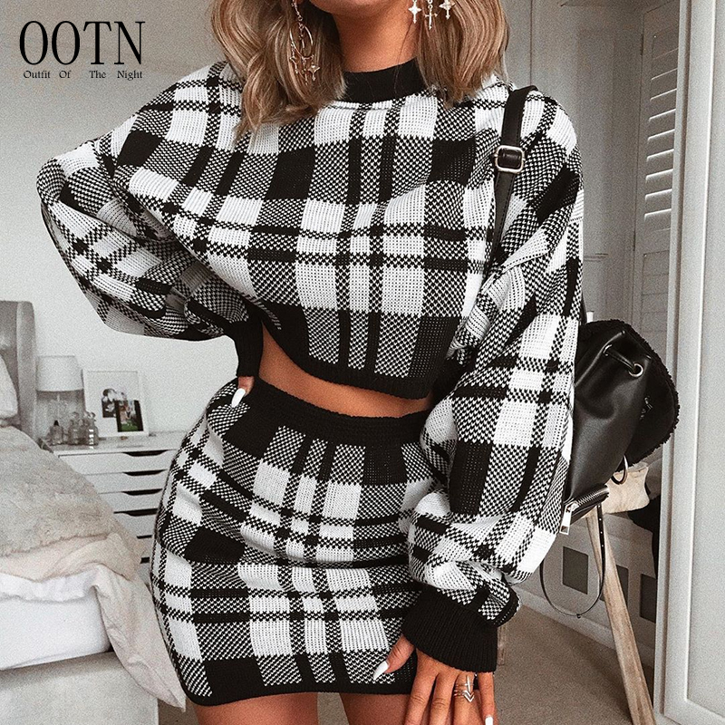 Сексуальное женское модное короткое платье OOTN в клетку, Трикотажный костюм из двух частей, сексуальное осеннее платье, женское Элегантное зимнее платье-свитер