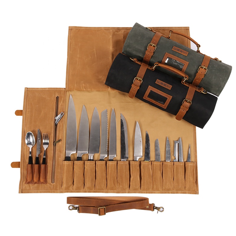 Custom 16 Pockets Waterproof Waxed Canvas Material Genuine Leather Chef Knife Roll Bag