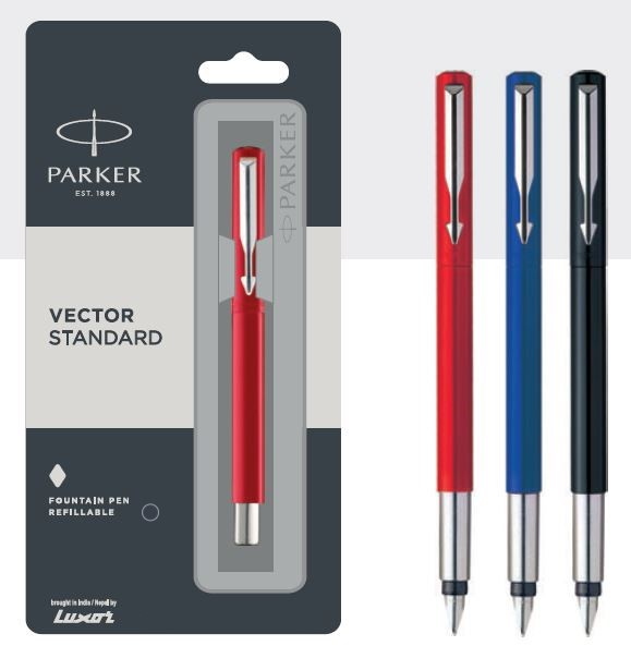 Ручка перьевая parker vector, стандартная хромированная, с черной/красной/синей отделкой