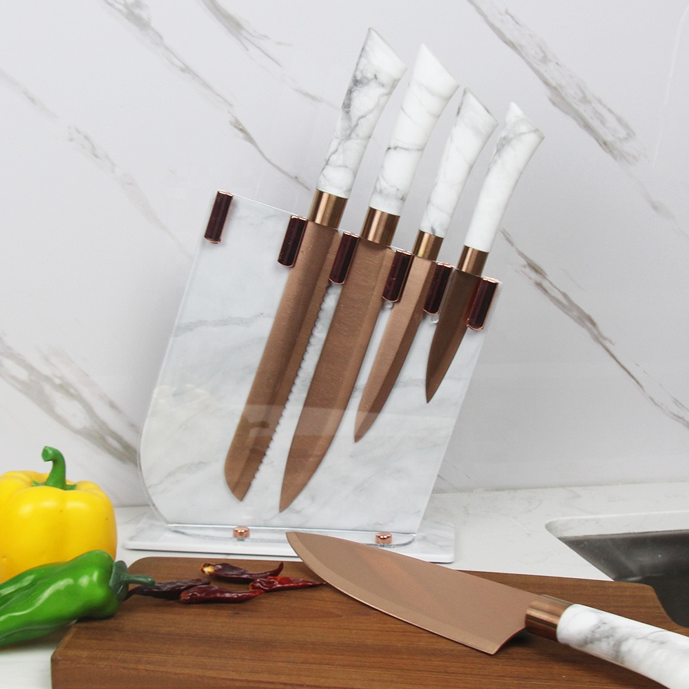Nordic Style Marble Pattern Handle Acrylic Stand Titanium Knife Set