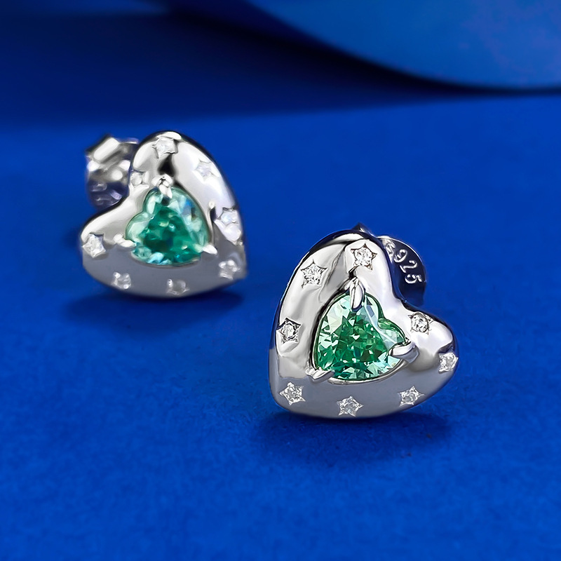 925 Sterling Silver White Gold Plated Heart Shape Cut Cubic Zirconia Paraiba Heart Stud Earrings