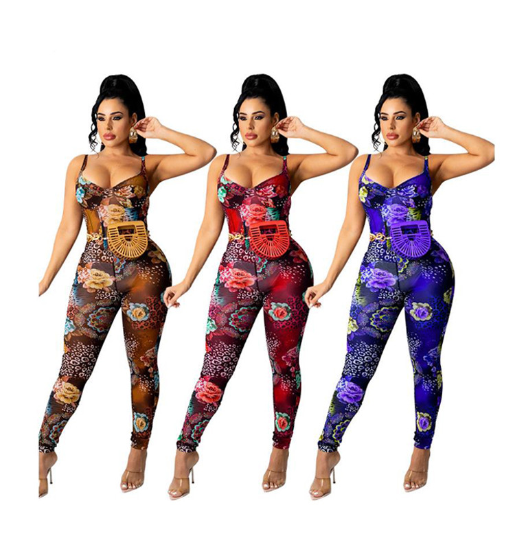 Customize Logo Hot Sale Printed Skinny Sleeveless One Piece Jumpsuits for Women Sexy Bodysuits Floral Print Jumpsuit