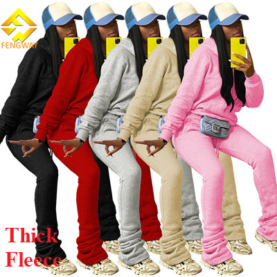 Winter woman clothing new arrivals jogger pullover hoodie and thick stacked sweat pants set