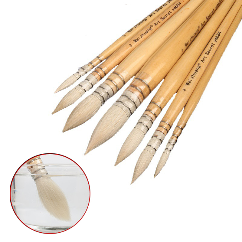 High Quality Artist Brush 1#-7# Log Wooded Handle Wool Hair Rounded/Mop Shaped Watercolor Painting Brush