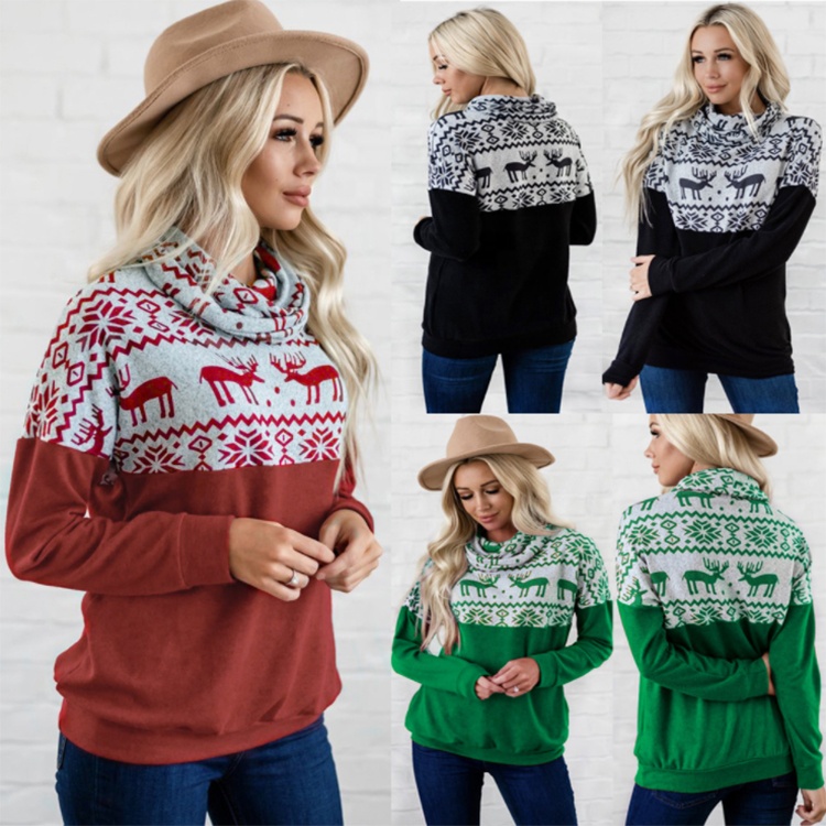 2021 New Arrivals Autumn Christmas Print Color Block Ladies Pullovers Long Sleeve Loose Women Turtleneck Sweatshirts