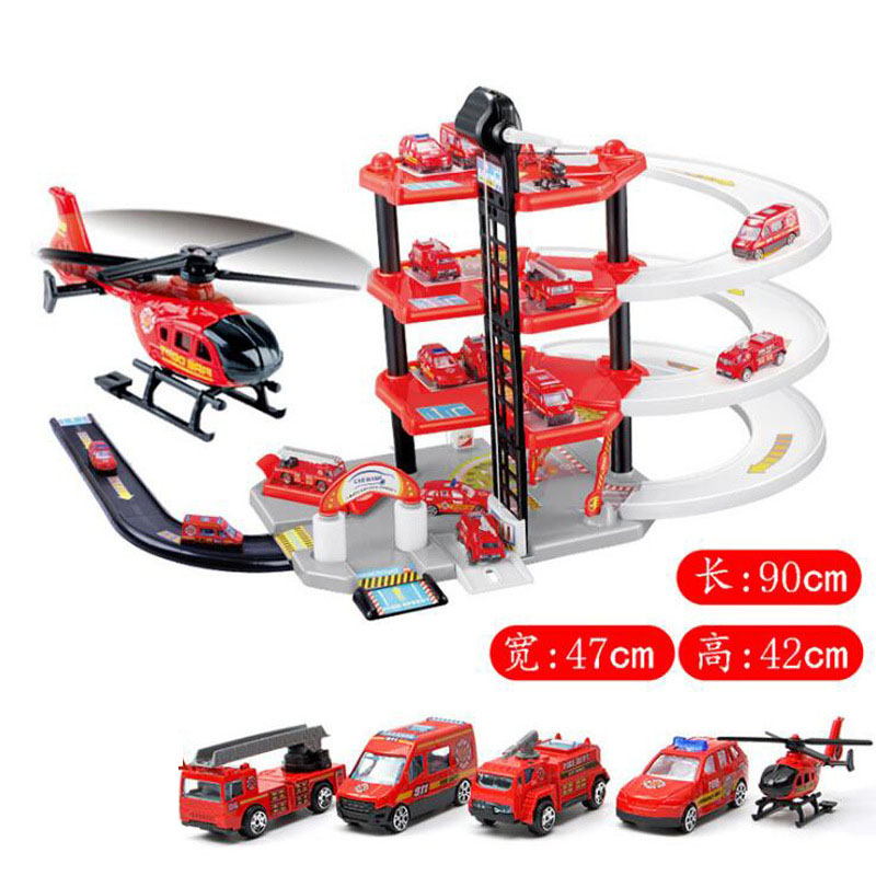 New arrival Children's four-layer DIY fire truck alloy rail car large rail parking lot toy Puzzle Boy Toys //