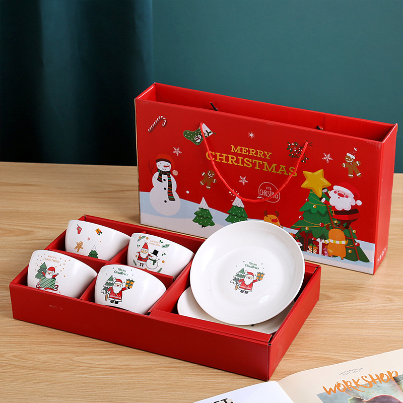Redeco Creative Christmas Santa Claus Ceramic Dinner Plate Rice Bowl Porcelain Tableware Set For Gifts Home Decoration