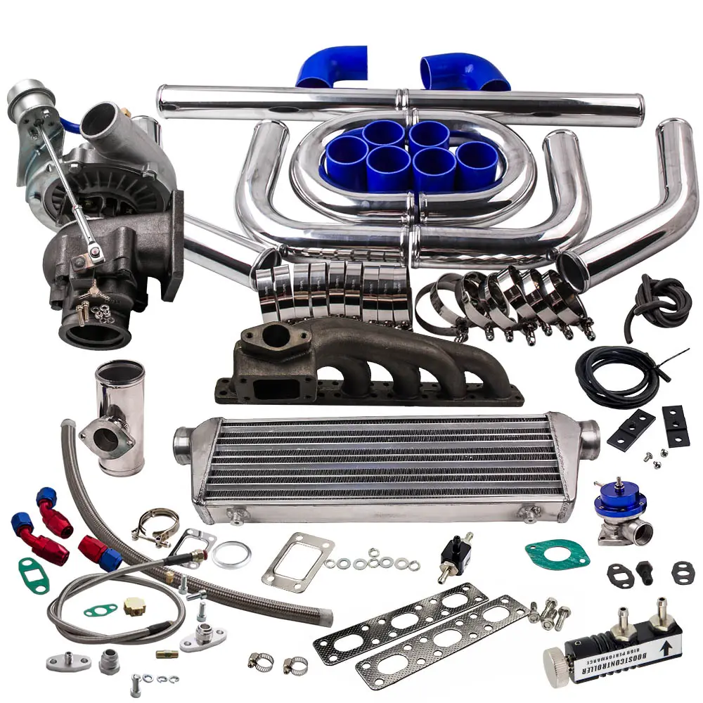 8PCS Turbo Kit For BMW E36 E46 T3/T4 T3 T4 T04E Turbocharger Kit + Intercooler + BOV Piping + Exhaust Turbo Manifold+Oil Feed