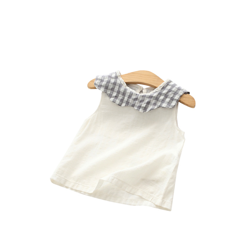 Summer New Plaid Flower Border Checkered Collar Clothes Girls Korean Style T-shirt Sweet Baby Blank Shirt