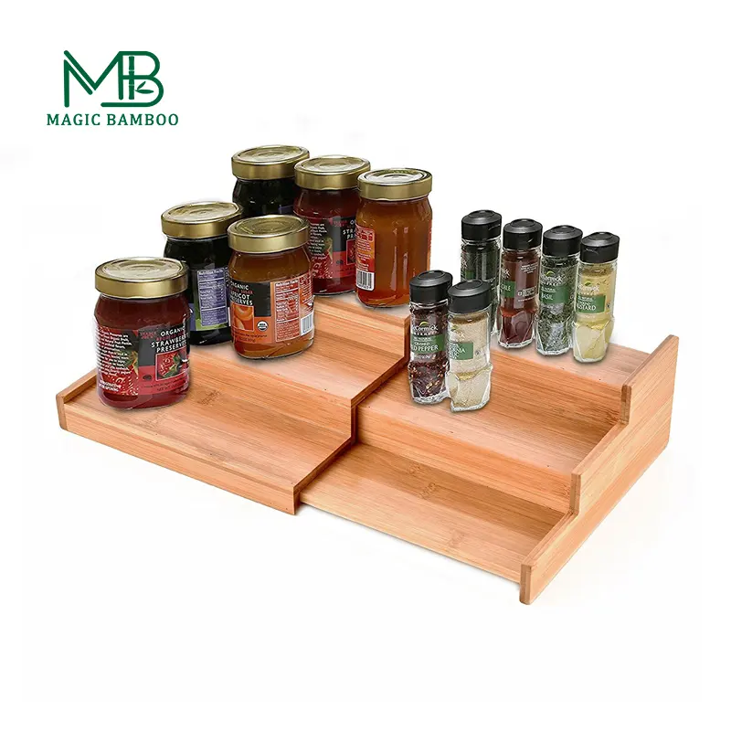 Expandable Bamboo Spice Rack Kitchen Cabinet Organize, 4 Tier Step Shelf Bamboo Display Shelf